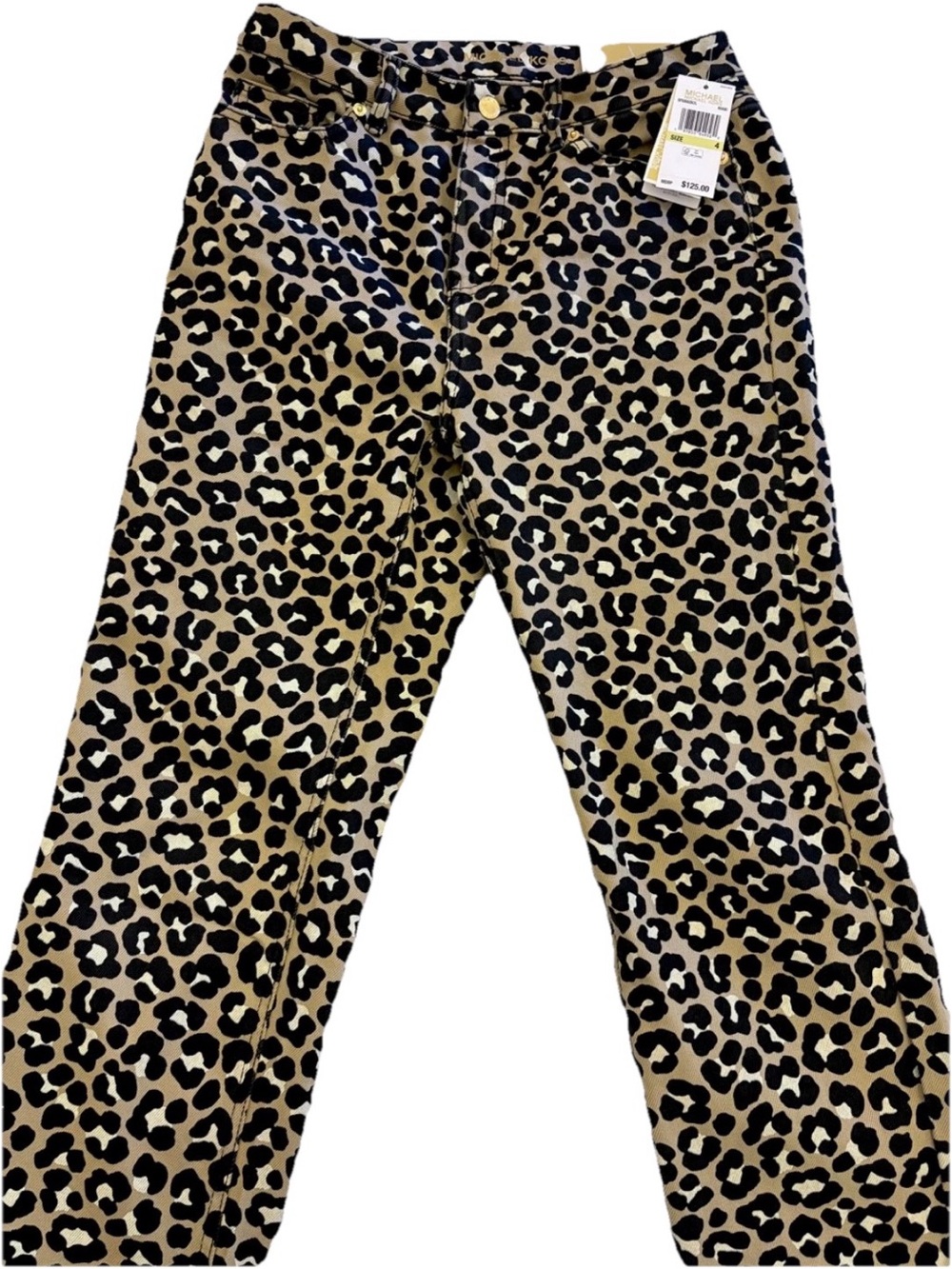 NWT Michael Kors Selma Leopard Print High-Rise Jeans - straight leg Beige Black